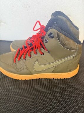 Nike Olive Green High-Top Sneakers with Red Laces and Gum Sole